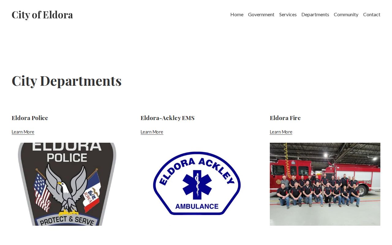 Eldora criminal history source showing the official city department directory