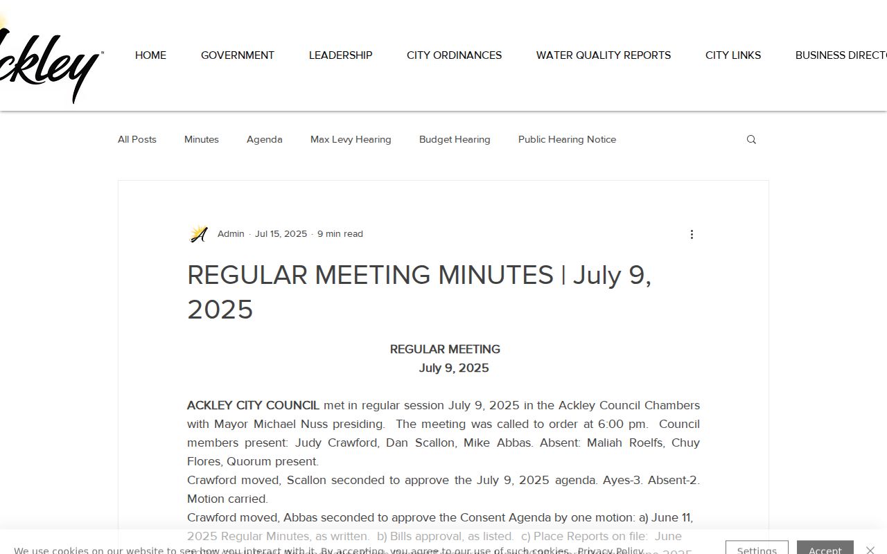 Ackley criminal records transition documented in official city minutes