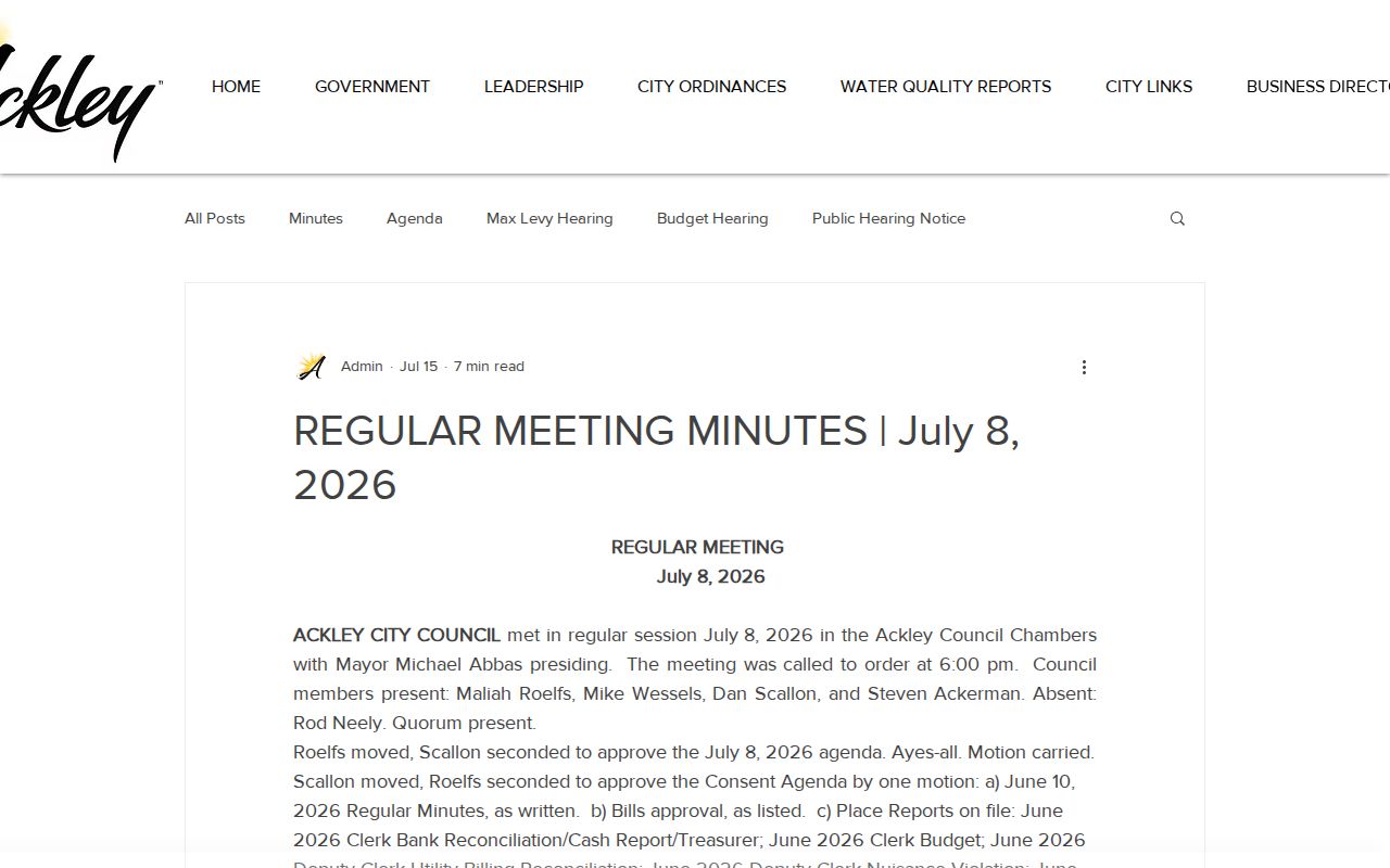 Ackley criminal history transition evidence in July 2026 city minutes