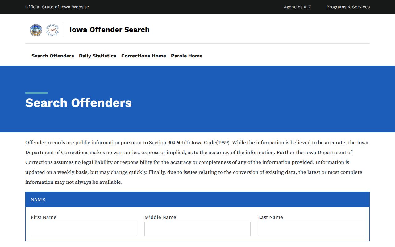 Iowa Offender Search public locator fields