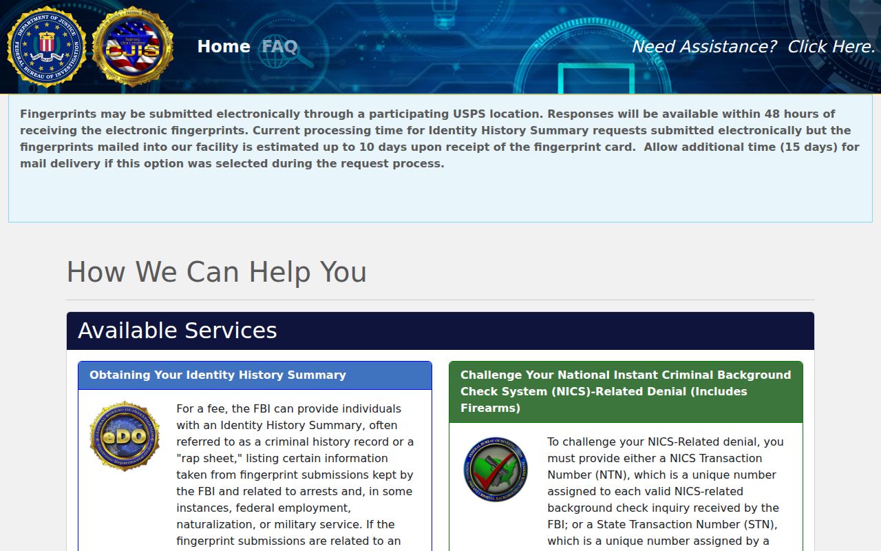 Official fingerprint-based identity history request portal