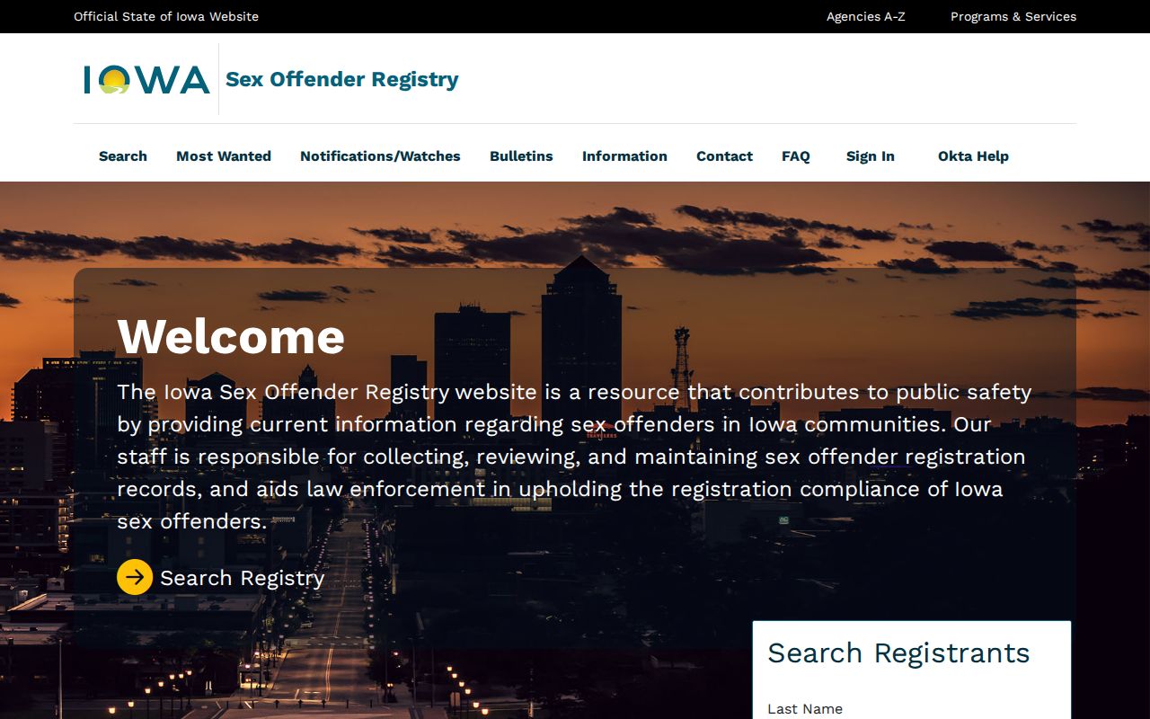 Iowa Sex Offender Registry official public search page