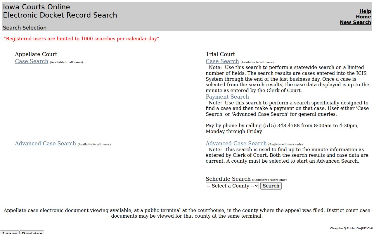 Iowa Courts Online Search entry for Hardin County criminal court records